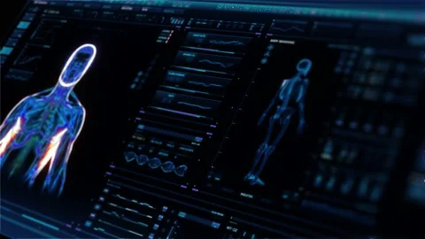 Perspective holographic futuristic Interface showing analysis of human male Stock Footage 146553053
