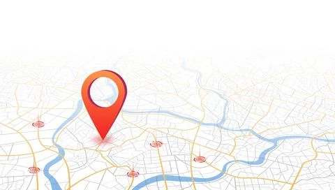 Perspective map background with large red pin and target zones. Vector Stock Illustration