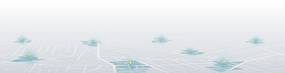 Perspective map with highlighted zones and yellow pins. Vector illustration. Stock Illustration