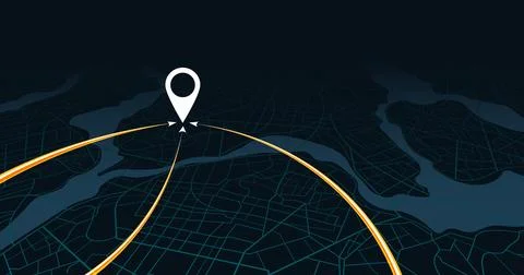 Perspective map with orange light trails converging on location pin. Vector Stock Illustration