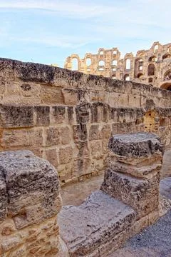 Perspective of Massive Textures Stone Blocks Framing El Jem Amphitheatre Ruin Stock Photos