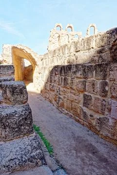 Perspective of Massive Textures Stone Blocks Framing El Jem Amphitheatre Ruin Stock Photos
