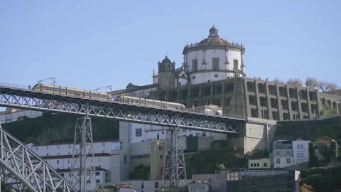 Perspective of the metro train passing in front of the historic monastery. Stock Footage 327624825