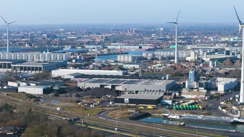 Perspective multifaceted industrial heart seaport ghent dense array bulk storage Video stock 329065757