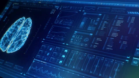 Perspective navy blue futuristic interface analyzing human brain anatomy and Stock Footage 144988326