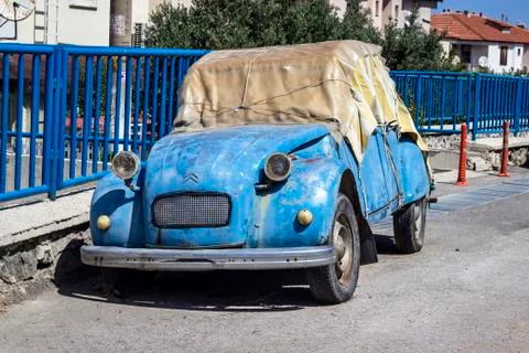 Perspective shoot of old blue colored car Stock Photos