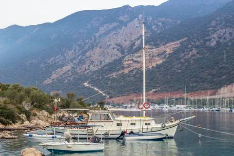 Perspective shoot of yachts on the small harbor of Mediterranean sea in Turke Stock Photos