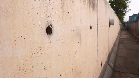 A perspective shot of a concrete wall with multiple holes, extending into t.. Stock Photos
