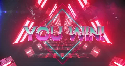 Perspective shot starting YOU WIN text fading and cyan diamond animating tunnel Stock Footage 310140153