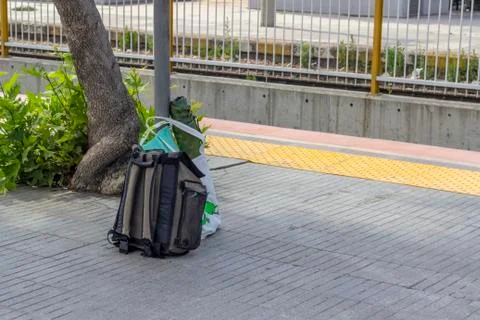 Perspective shot of travel back-packat railway station Stock Photos