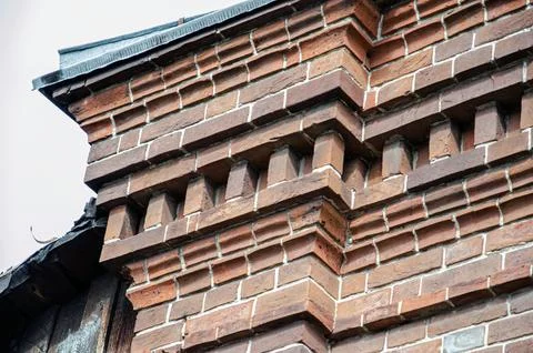 Perspective, side view of old red brick wall texture. Stock Photos