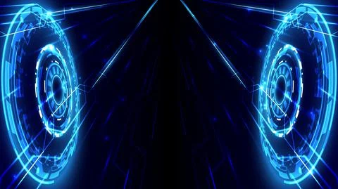 Perspective speed arrow and glowing HUD circle of computer data. Abstract fut Stock Illustration