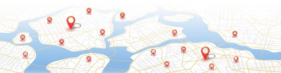 Perspective street map banner featuring red service icons and pins. Vector Stock Illustration