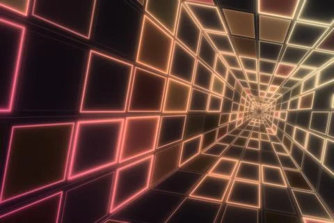 A perspective tunnel of glowing rectangular grid lines narrows toward a cen.. Stock Illustration
