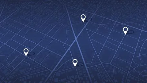 Perspective urban grid background featuring several destination pointers. Illustrazione stock