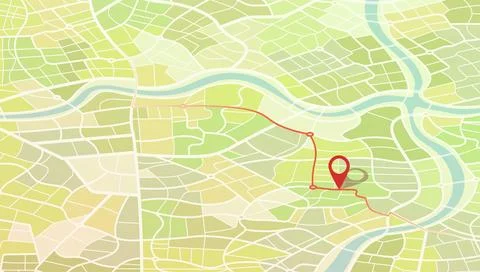 Perspective urban map background with winding river, red navigation path, and Stock Illustration