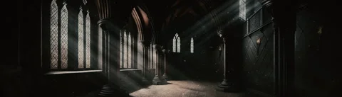 Perspective victorian styled cathedral interior with huge gothic windows. Stockbeeldmateriaal 264652072