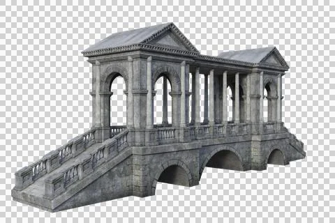 Perspective view 3D illustration of an old grey stone bridge with roof coveri Stock Illustration