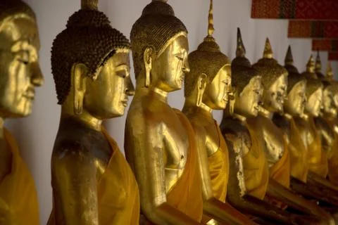 Perspective view along row of sitting golden Buddha statues Stock Photos