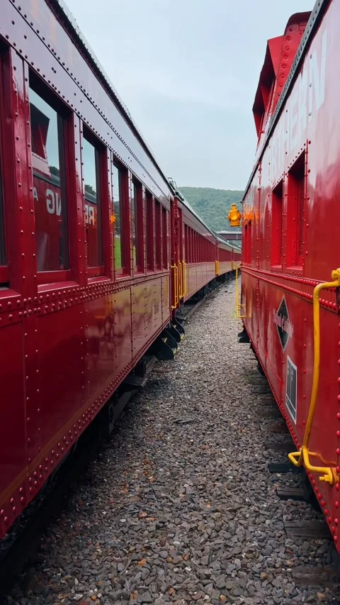 Perspective view along side of red passenger train cars Stock Footage 330069550