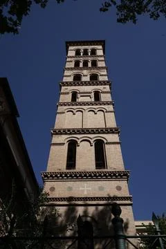 Perspective view of a bell tower in style Stock Photos