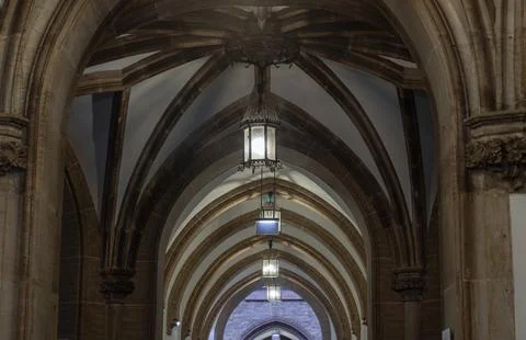 Perspective view of Ceiling, Pillars and Lamps. Stock Photos