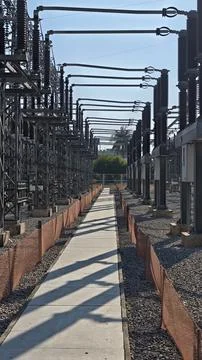 Perspective view of concrete walkway path inside high voltage electrical. Stock Photos