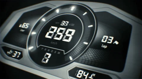 Perspective view of digital car interface with speedometer and tachometer Stock Footage 65955136