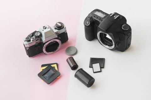 Perspective View of Digital vs. Analog SLR Camera Concept Stock Photos