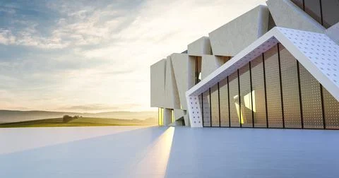 Perspective view of empty cement floor with concrete and glass modern buildin Ilustración de archivo