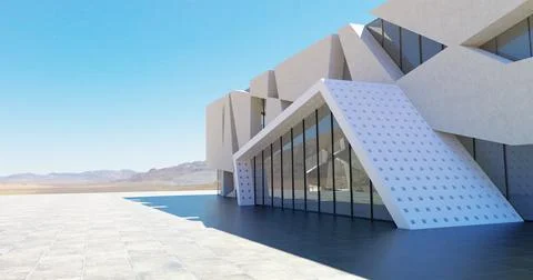 Perspective view of empty cement floor with concrete and glass modern buildin Ilustración de archivo