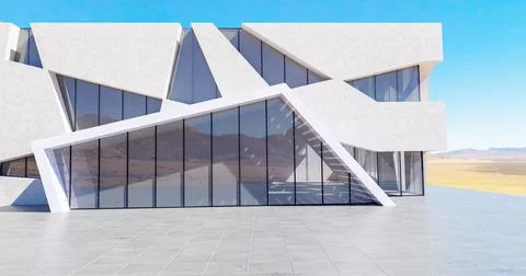 Perspective view of empty concrete floor with cement structure and glass wall Ilustração Stock