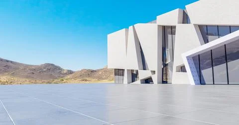 Perspective view of empty concrete floor with cement structure and glass wall Ilustração Stock
