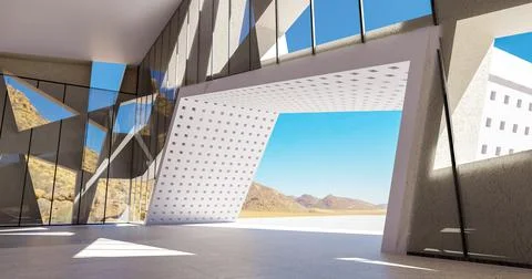 Perspective view of empty concrete floor with cement structure and glass wall Ilustração Stock