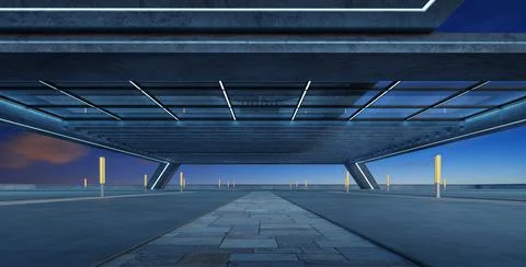 Perspective view of empty concrete floor under modern rooftop building Stock Illustration