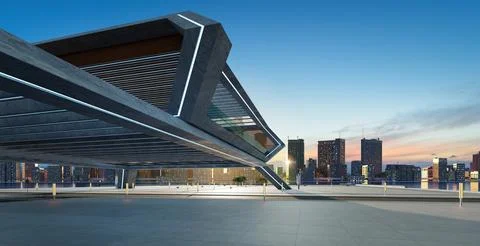 Perspective view of empty concrete floor and modern rooftop building Ilustração Stock