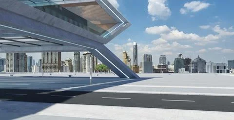 Perspective view of empty concrete floor and modern rooftop building Ilustração Stock