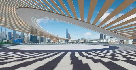 Perspective view of empty concrete floor with cement staircase and wood str.. Ilustración de archivo