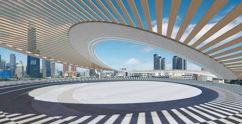 Perspective view of empty concrete floor with cement staircase and wood str.. Ilustración de archivo