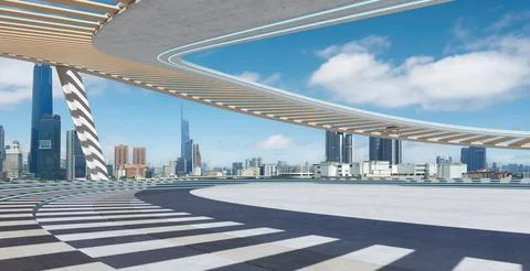 Perspective view of empty concrete floor with cement staircase and wood str.. Ilustración de archivo