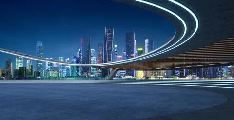 Perspective view of empty concrete floor with cement staircase and wood str.. Ilustración de archivo