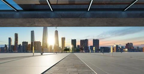 Perspective view of empty floor and modern rooftop building Ilustração Stock