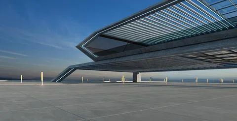 Perspective view of empty floor and modern rooftop building Ilustração Stock