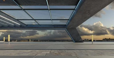 Perspective view of empty floor and modern rooftop building Ilustração Stock