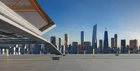 Perspective view of empty floor and modern rooftop building Ilustração Stock