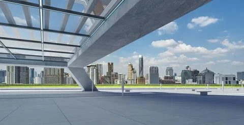Perspective view of empty floor and modern rooftop building Ilustración de archivo