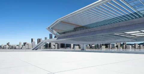 Perspective view of empty floor and modern rooftop building Ilustração Stock
