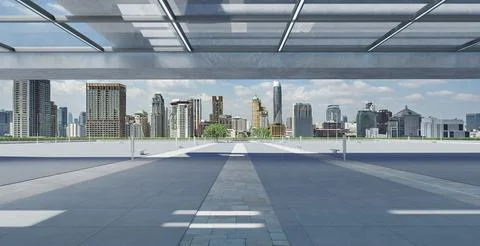 Perspective view of empty floor and modern rooftop building Ilustración de archivo