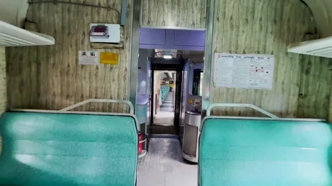 Perspective up view of Empty Indian Railway Express Train. Stock Footage 252345951