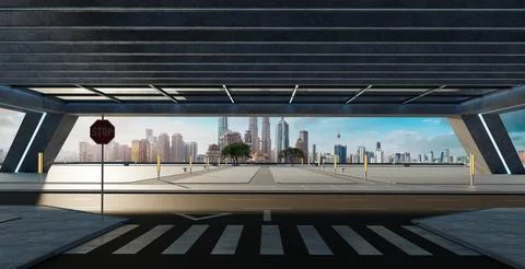 Perspective view of empty street and modern rooftop building Ilustração Stock